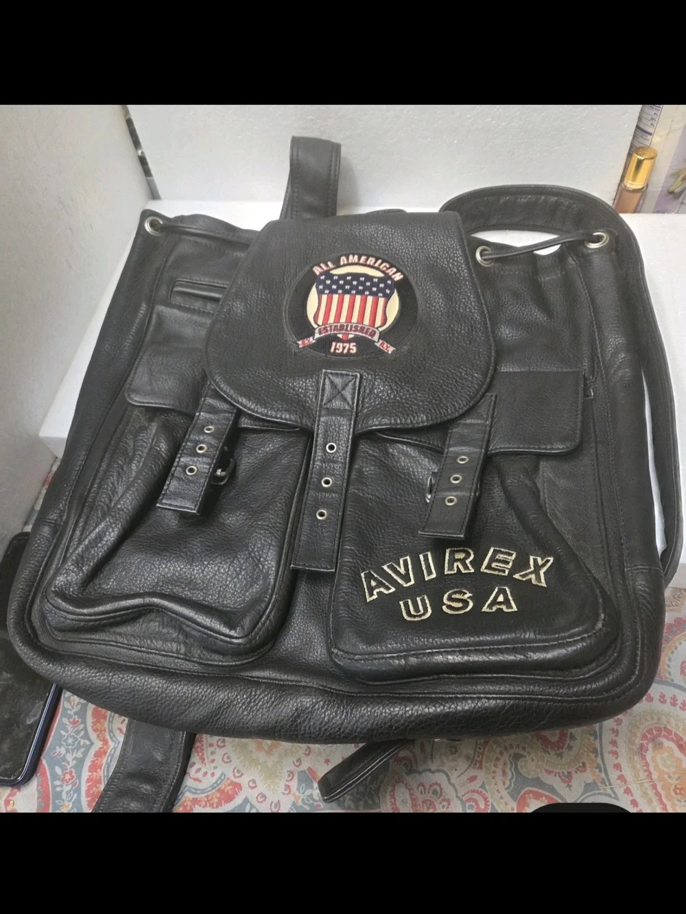 Avirex Black Leather Vtg Backpack with USA Patch